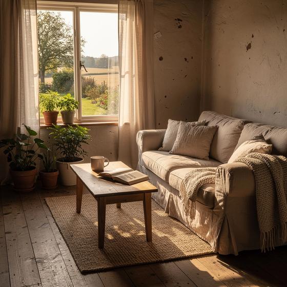 Warm countryside cottage living room, curated home atmosphere