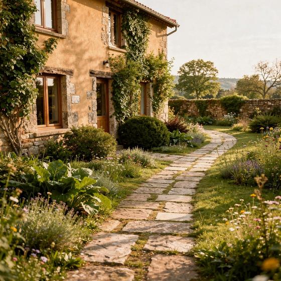 Quiet garden path beside a country house, calm retreat mood